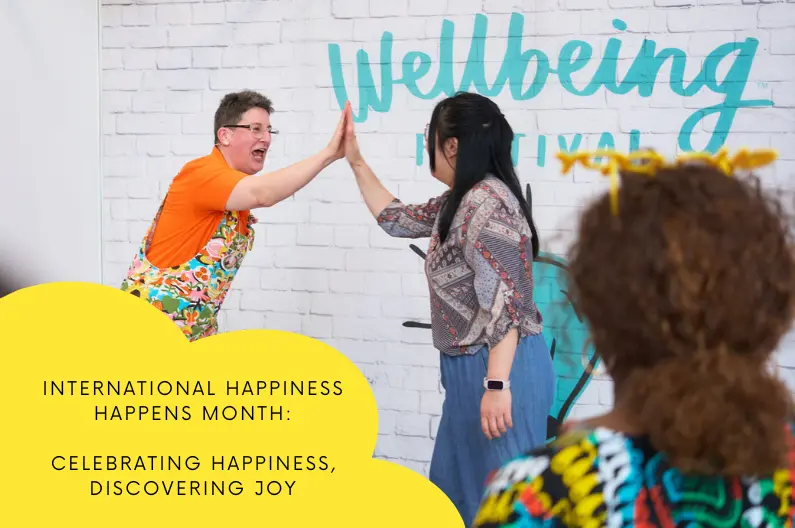 Sunny Turner leading an online Laughter Yoga session to celebrate International Happiness Happens Month - celebrating happiness and discovering joy